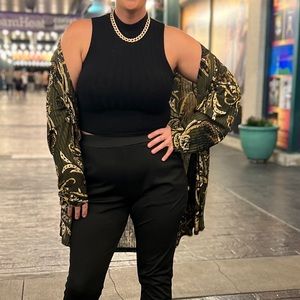 Forest Green Floral Kimono Open Front Throw-over Ribbed Satin Cardigan